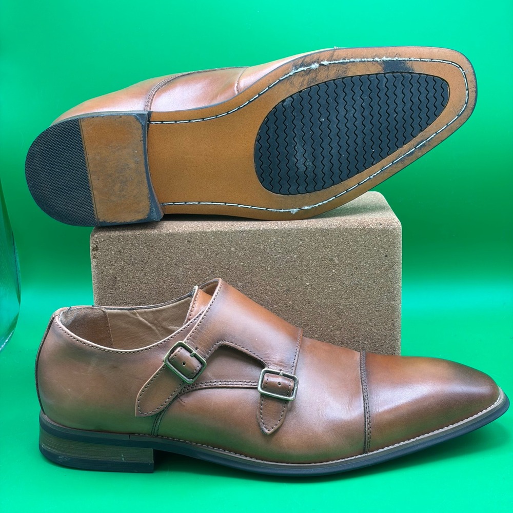 La Milano Albin Monk Strap Shoes Mens 10.5 Tan Leather Cap Toe Dress Loafers